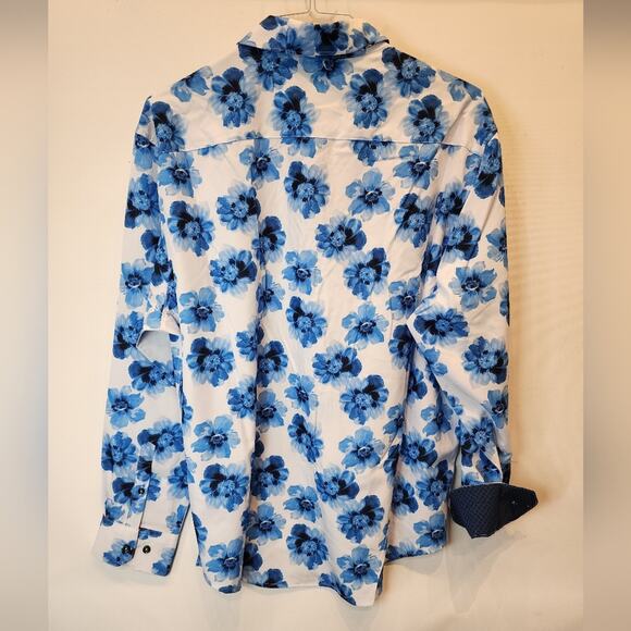 Men's New Blue Floral Shirt Button-Up Wrinkle Free Tropical Size XL - Picture 9 of 11